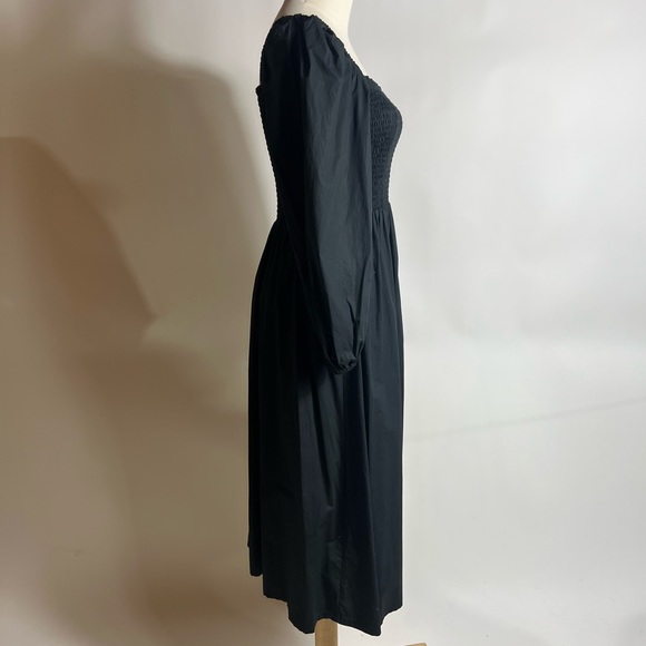 J CREW Smocked Puff Sleeve Black Cotton Poplin Midi Dress Womens Small - Picture 4 of 10